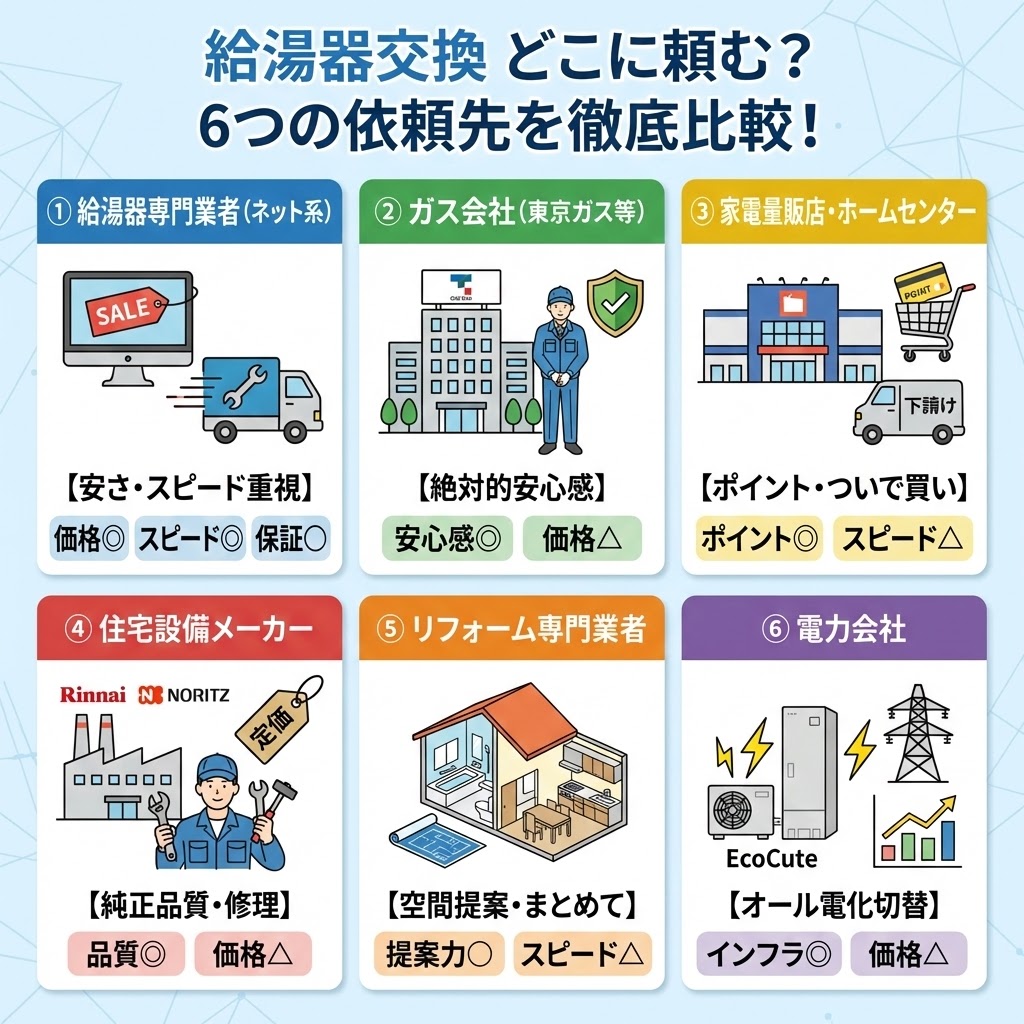 給湯器交換の依頼先6タイプ（ネット業者、ガス会社、家電量販店、住宅設備メーカー、リフォーム専門業者、電力会社）を徹底比較した図。それぞれの特徴、メリット・デメリット、価格やスピードの評価をイラストとテキストで解説している。