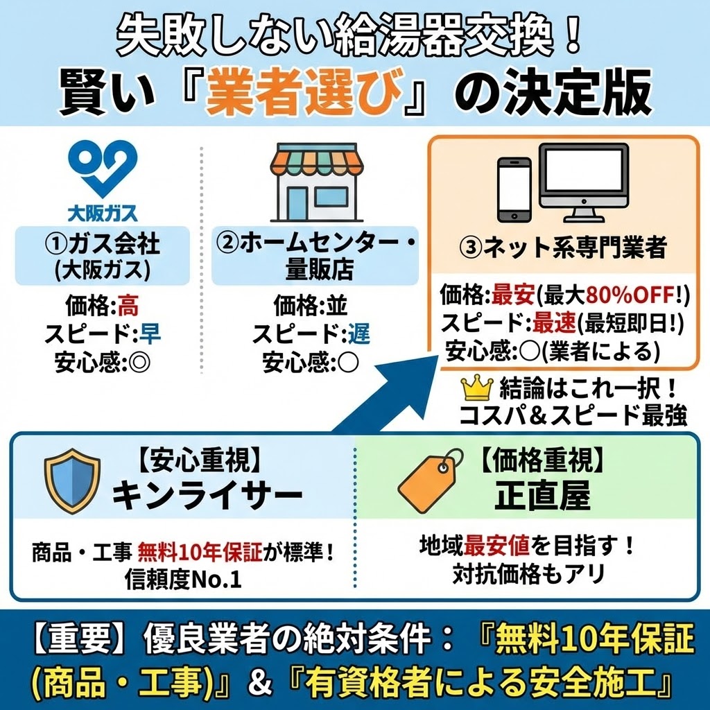 失敗しない給湯器交換のための賢い業者選び決定版のインフォグラフィック。「①ガス会社（大阪ガス）」「②ホームセンター・量販店」「③ネット系専門業者」の3者を価格・スピード・安心感で比較し、最安・最速の「ネット系専門業者」を推奨。さらにネット業者の中で「安心重視のキンライサー」と「価格重視の正直屋」を比較し、優良業者の絶対条件として「無料10年保証（商品・工事）」と「有資格者による安全施工」を挙げている図。