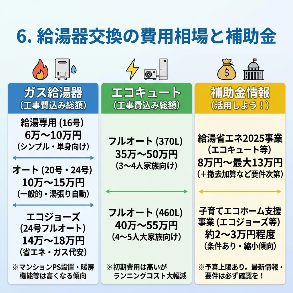 給湯器交換の費用相場と補助金情報をまとめたインフォグラフィック。ガス給湯器（給湯専用、オート、エコジョーズ）とエコキュート（フルオート370L、460L）の工事費込み概算費用を比較し、さらに「給湯省エネ2025事業（最大13万円）」や「子育てエコホーム支援事業」などの最新補助金制度についても解説している。