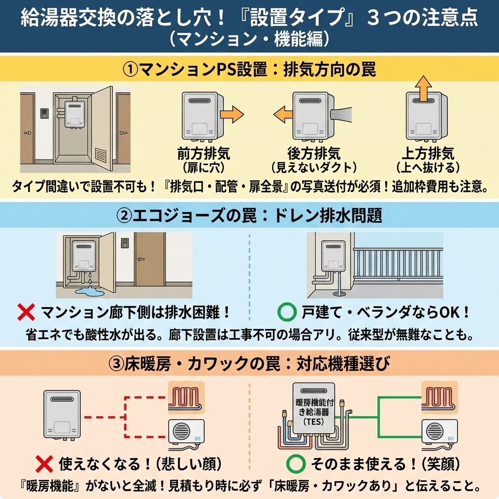給湯器交換の落とし穴となる「設置タイプ」の3つの注意点（マンション・機能編）を図解したインフォグラフィック。①マンションPS設置における排気方向（前方・後方・上方）の種類の違いと写真確認の重要性、②エコジョーズのドレン排水がマンション廊下側設置で困難になる問題、③床暖房やカワックを使用する場合に暖房機能付き給湯器（TES）を選ばないと使えなくなるリスクを警告している。