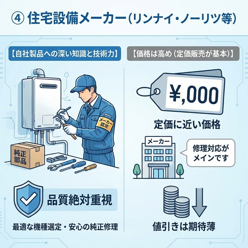 住宅設備メーカー（リンナイ・ノーリツ等）に給湯器交換を依頼するメリットとデメリットの解説イラスト。左側は「自社製品への深い知識と技術力」「品質絶対重視」としてメーカー認定員が純正部品で作業する様子。右側は「価格は高め（定価販売が基本）」「値引きは期待薄」として定価に近い価格タグと修理メインである点を説明している。