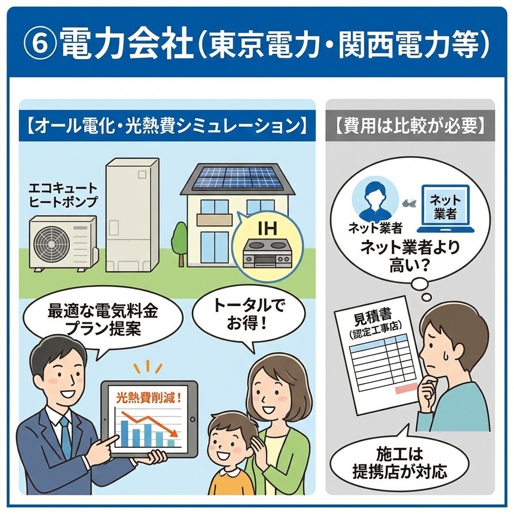 電力会社（東京電力・関西電力等）にエコキュート導入によるオール電化を依頼するメリットとデメリットの解説イラスト。左側は光熱費シミュレーションで削減効果を提案される家族、右側はネット業者との費用比較や提携店施工について考える様子が描かれている。