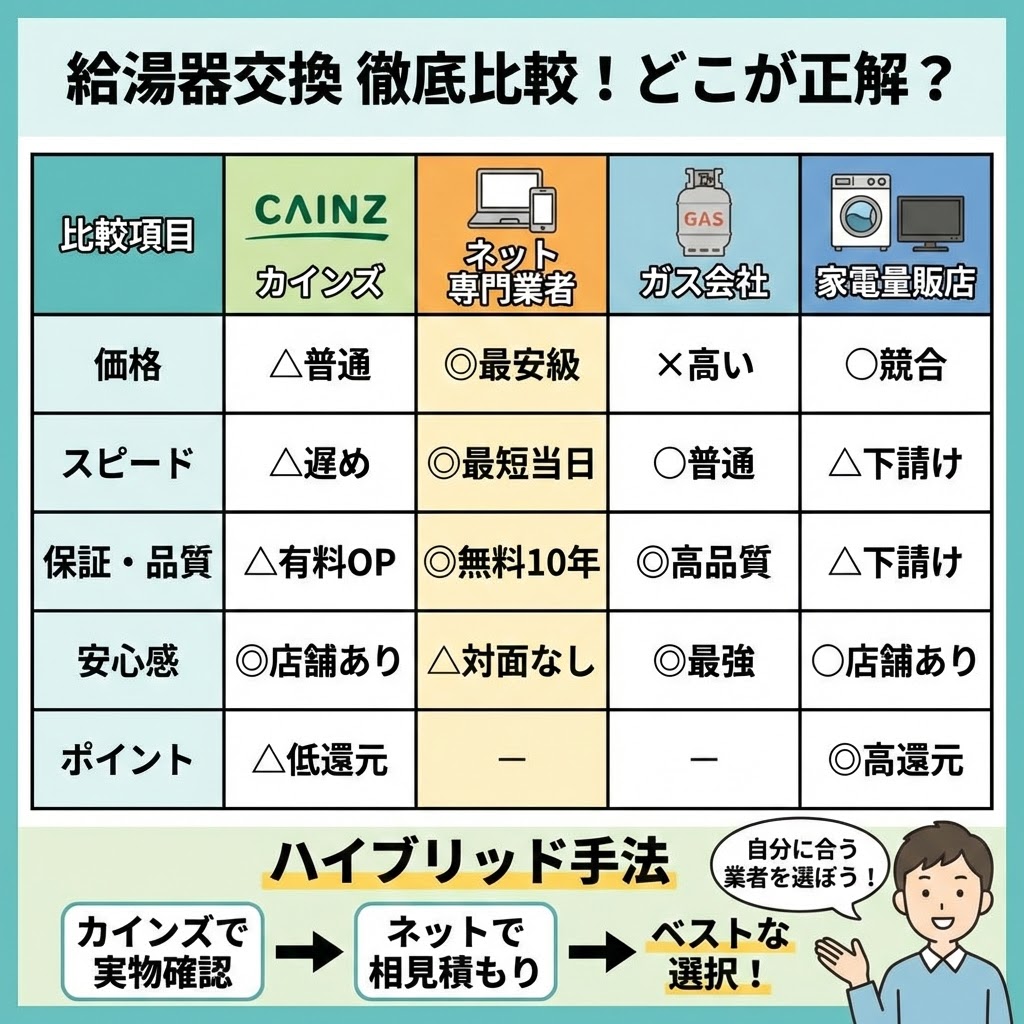 カインズ、ネット専門業者、ガス会社、家電量販店の給湯器交換サービスを価格、スピード、保証・品質、安心感、ポイントの5項目で比較した一覧表。それぞれのメリット・デメリットを一目で確認でき、カインズで実物を確認してからネットで相見積もりを取る「ハイブリッド手法」を推奨するイラスト図解。