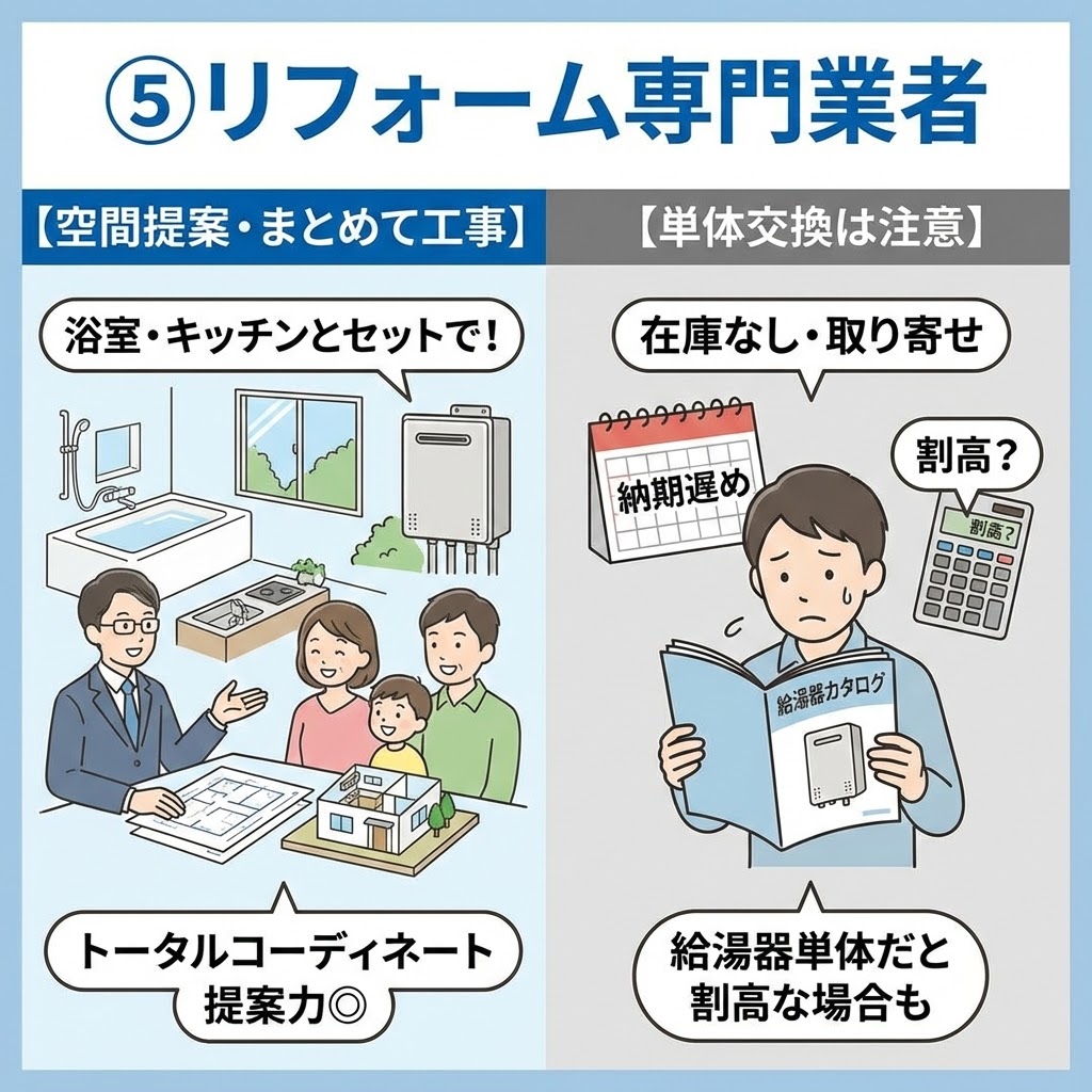 リフォーム専門業者に給湯器交換を依頼するメリット（空間提案・まとめて工事）とデメリット（単体交換は注意・割高）を対比させたイラスト。左側は浴室・キッチンとセットでのトータルコーディネート提案を受ける家族、右側は給湯器単体のカタログを見ながら納期遅延や割高な見積もりに困惑する男性が描かれている。