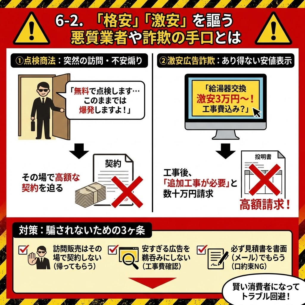給湯器交換における「格安」「激安」を謳う悪質業者や詐欺の手口とその対策をまとめた警告インフォグラフィック。左側では、突然の訪問で「爆発する」と不安を煽り高額契約を迫る「点検商法」を、右側では、あり得ない安値表示の広告で集客し工事後に追加費用を請求する「激安広告詐欺」をイラスト付きで解説。下部には対策として「訪問販売はその場で契約しない」「安すぎる広告を鵜呑みにしない（工事費確認）」「必ず見積書を書面（メール）でもらう」の3か条を提示し、トラブル回避を呼びかけている。