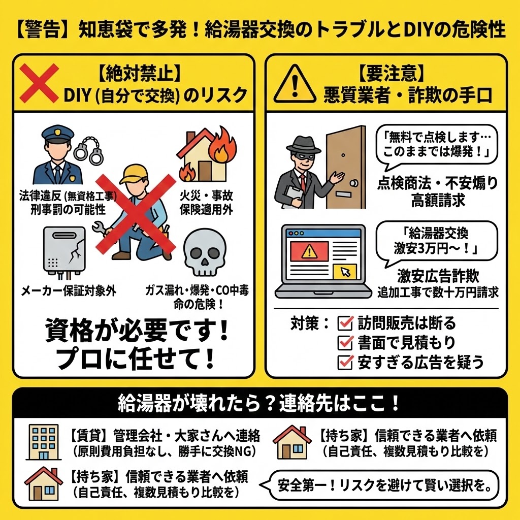【警告】給湯器交換のトラブルとDIYの危険性をまとめたインフォグラフィック。左側は「絶対禁止」としてDIY（自分で交換）の法的リスク（無資格工事、刑事罰）、火災・事故（保険適用外）、メーカー保証対象外、ガス漏れ・爆発・CO中毒による命の危険性をイラストで強く警告し、「資格が必要です！プロに任せて！」と強調。右側は「要注意」として悪質業者・詐欺の手口（点検商法・不安煽りによる高額請求、激安広告詐欺による追加工事請求）を紹介し、対策として「訪問販売は断る」「書面で見積もり」「安すぎる広告を疑う」をチェックリストで提示。下部には給湯器が壊れた際の連絡先として、賃貸は「管理会社・大家さんへ連絡」（原則費用負担なし、勝手に交換NG）、持ち家は「信頼できる業者へ依頼」（自己責任、複数見積もり比較を）と明記し、「安全第一！リスクを避けて賢い選択を。」と結んでいる。