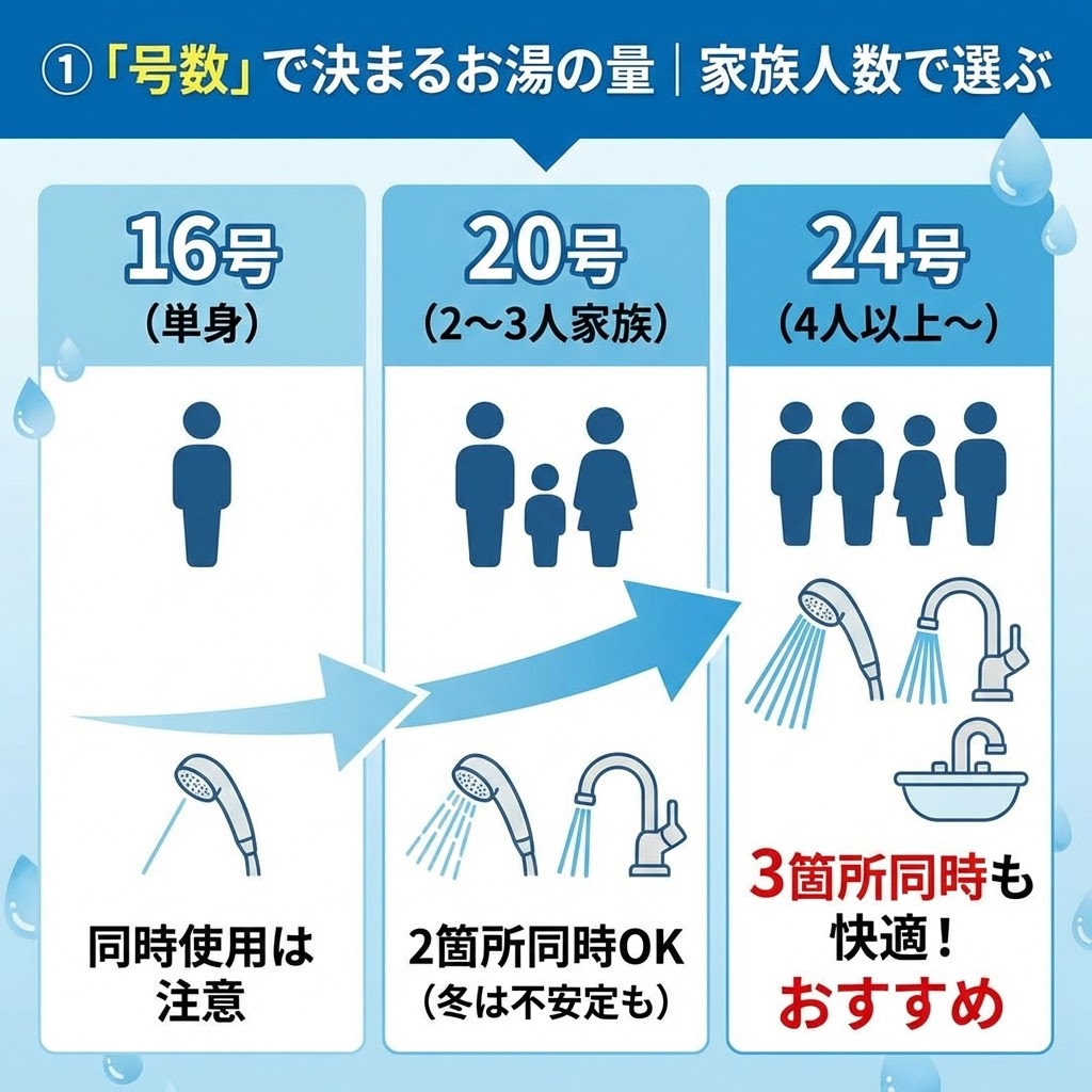 給湯器の号数（能力）の選び方を家族人数別に解説したインフォグラフィック。16号は単身向けで同時使用に注意、20号は2〜3人家族向けで2箇所同時使用OK（冬は不安定も）、24号は4人以上向けで3箇所同時使用も快適でおすすめであることを、人型アイコンとシャワー、キッチン、洗面所の蛇口からの水流の強さを示すイラストで比較して示している。