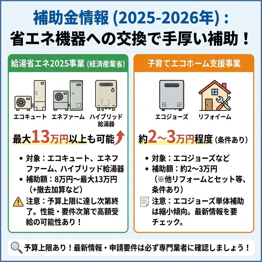2025-2026年の給湯器交換に関する補助金情報をまとめたインフォグラフィック。「給湯省エネ2025事業」ではエコキュート、エネファーム、ハイブリッド給湯器で最大13万円以上の補助が可能。「子育てエコホーム支援事業」ではエコジョーズなどで約2～3万円の補助（条件あり）。予算上限や申請要件の確認を促す注意書きも記載されています。