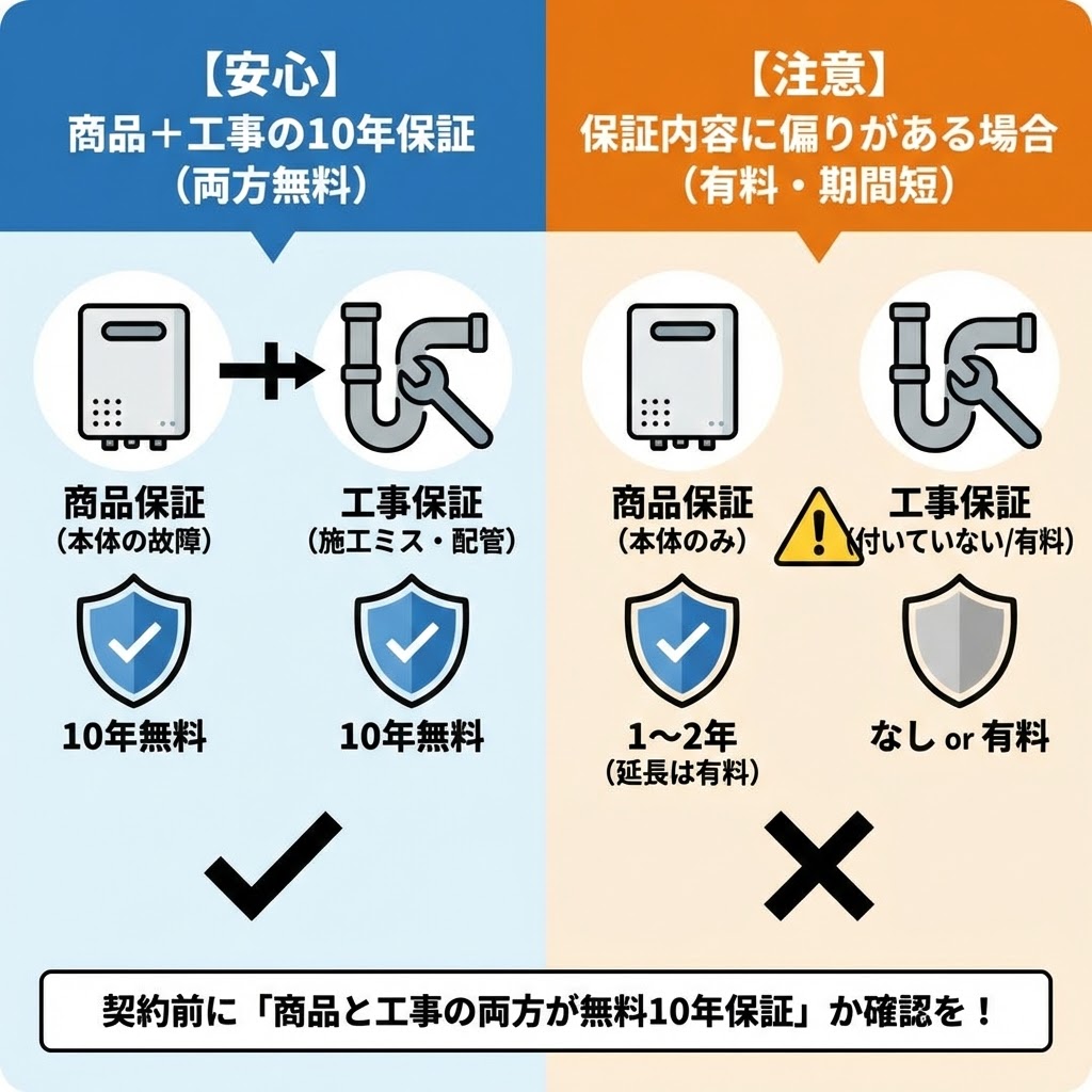 給湯器の保証内容を比較したインフォグラフィック。左側は【安心】として「商品保証（本体の故障）」と「工事保証（施工ミス・配管）」の両方が「10年無料」である推奨ケース、右側は【注意】として「商品保証（本体のみ）」が「1〜2年（延長は有料）」、「工事保証」が「なし or 有料」であるケースを対比させ、「契約前に商品と工事の両方が無料10年保証か確認を！」と注意喚起している。