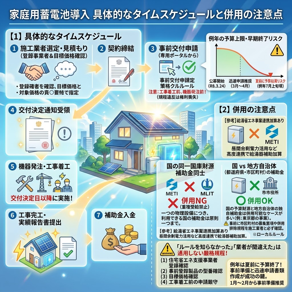 令和8年度(2026年)日本の家庭用蓄電池導入に関する具体的なタイムスケジュールと補助金併用の注意点を解説するハイクオリティな日本のアニメ映画風(新海誠スタイル)正方形インフォグラフィック。左側には1. 施工業者選定(登録事業者&目標価格確認)、2. 契約締結、3. 工事着工前の事前交付申請(専用ポータル、フライング着工厳禁・権利喪失警告)、4. 交付決定通知受領、5. 機器発注・工事着工(決定後実施)、6. 工事完工・実績報告、7. 補助金入金の7ステップを示したタイムスケジュールフロー。右側には例年の予算消化傾向を示すグラフ(夏前予算枯渇リスク、7月上旬頃終了)と、補助金併用のOK/NGルールを図解。NG:国の同一国庫財源補助金同士(METI、MLITロゴ、重複受給禁止)。OK:国(例:SII DR補助金)vs 地方自治体(都道府県・市区町村、例:東京都事業)の補助金。注意:市区町村ローカルルールの確認。下部にはWARNING「ルールを知らなかった、業者が間違えたは通用しない厳格規程!」と、(1) 事業者登録、(2) 製品型番、(3) 目標価格、(4) 着工前申請の4つのチェックリスト、そして夏前の予算終了リスクへの警告(1-2月からの事前準備推奨)が記載されている。中央には太陽光パネルと蓄電池付きのモダンな家と光線が描かれている。