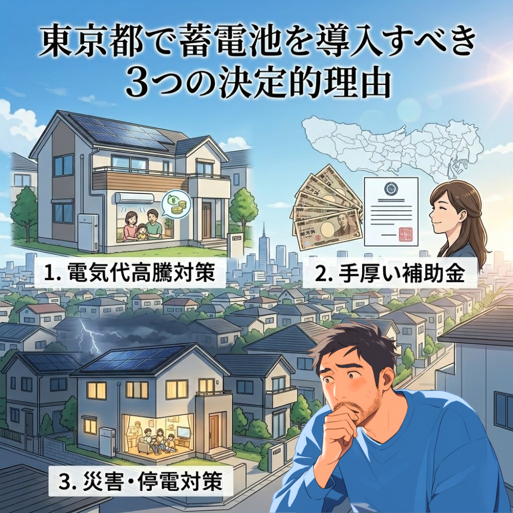 「東京都で蓄電池を導入すべき3つの決定的理由」を説明するアニメ調インフォグラフィック画像。1. 電気代高騰対策(太陽光と貯金)、2. 手厚い補助金(東京地図と円札)、3. 災害・停電対策(停電中の安心な家)の3つのセクションに分かれている。