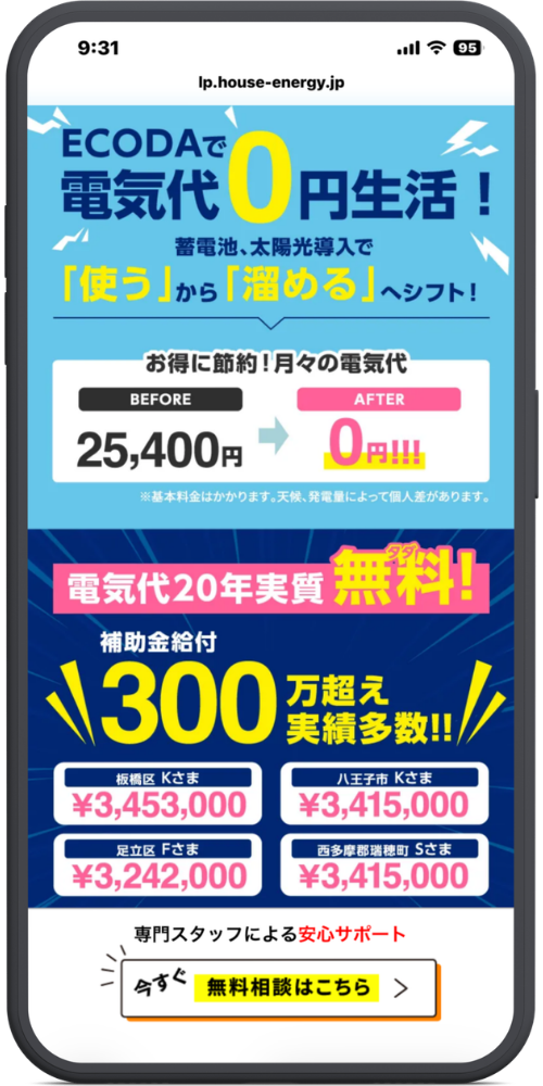 ECODAの公式サイトの東京バージョンLPのモックアップ０１　ECODAで
電気代0円生活！
蓄電池、太陽光導入で
**「使う」から「溜める」**へシフト！

お得に節約！月々の電気代
BEFORE 25,400円 ➡ AFTER 0円!!!
※基本料金はかかります。天候、発電量によって個人差があります。

電気代20年実質 無料！（タダ）
補助金給付 300万超え実績多数!!
・板橋区 Kさま ¥3,453,000
・八王子市 Kさま ¥3,415,000
・足立区 Fさま ¥3,242,000
・西多摩郡瑞穂町 Sさま ¥3,415,000

【下部固定バナー】
専門スタッフによる安心サポート
今すぐ 無料相談はこちら ＞