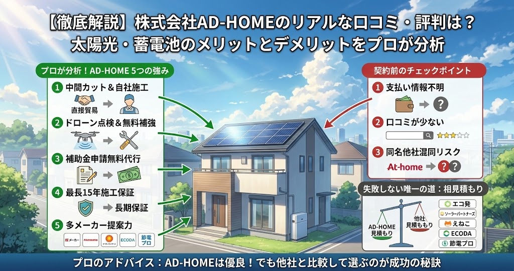 株式会社AD-HOMEの太陽光発電と蓄電池に関する口コミ評判、メリット（中間カット＆自社施工、ドローン点検、補助金代行、最長15年施工保証、多メーカー提案）、デメリット（支払い情報不明、口コミ不足、同名他社混同リスク）を徹底解説するインフォグラフィック画像。アニメ映画風の日本の住宅地を背景に、メリット・デメリットの詳細と、失敗しないための相見積もりの重要性（エコ発、ソーラーパートナーズ、えねこ、ECODA、節電プロとの比較リスト付き）を図解している。ボトムバーには「AD-HOMEは優良！でも他社と比較して選ぶのが成功の秘訣」というプロのアドバイス。