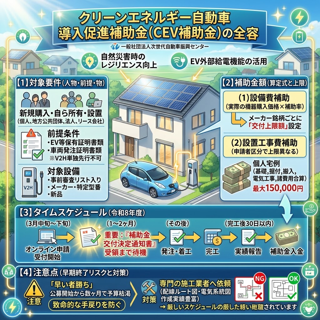令和8年度(2026年)日本の国の補助金制度「クリーンエネルギー自動車導入促進補助金(CEV補助金)」のV2H設備の全容を示す正方形インフォグラフィック。一般社団法人次世代自動車振興センターが執行。画面上部にはタイトル。中央には太陽光パネル付きの家と、EV車(サクラ)がV2H充放電設備で接続され、家庭内電源と連携して外部給電(バックアップ電源)する様子を図解。4つの主要セクションに分かれている。左上:「① 対象要件 (人物・前提・物)」として、EV等保有証明書類、車両発注証明書類の提出が前提条件(V2H単独先行不可)であり、登録製品であることを解説。右上:「② 補助金額 (算定と上限)」として、設備費補助(実際の機器購入価格×補助率)と、設置工事費補助(申請者区分で異なり、個人宅例で最大150,000円)の合算実費補助。左下:「③ タイムスケジュール (令和8年度)」として、3月申請開始、Grant Decision wait(1-2ヶ月)、発注・着工、完工、支払、報告、入金の具体的な流れと、着工前申請の絶対ルールを警告。右下:「④ 注意点 (早期終了リスクと対策)」として、「早い者勝ち」による数ヶ月での予算枯渇リスク、致命的な手戻りを防ぐための専門施工業者選定の重要性を強調。全体は鮮やかな色彩と光に満ちたモダンなアニメスタイルで統一されている。