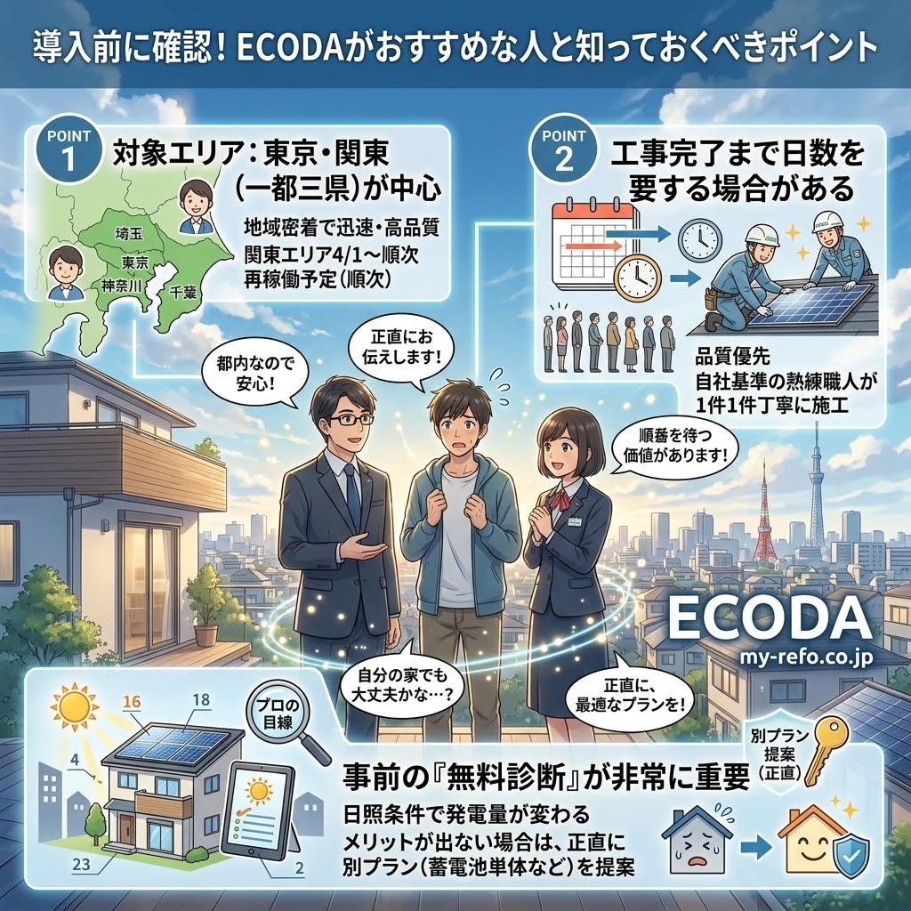 株式会社ECODA（エコダ）の太陽光発電と蓄電池導入前確認ポイントを解説するインフォグラフィック。「対象エリア：東京・関東（一都三県）」、「工事完了まで日数を要する場合がある（品質優先）」、「事前の「無料診断」が非常に重要（日照条件と別プラン提案）」の3つのポイントを、スタッフと夫婦のキャラクターが解説。背景は東京の街並み。my-refo.co.jp