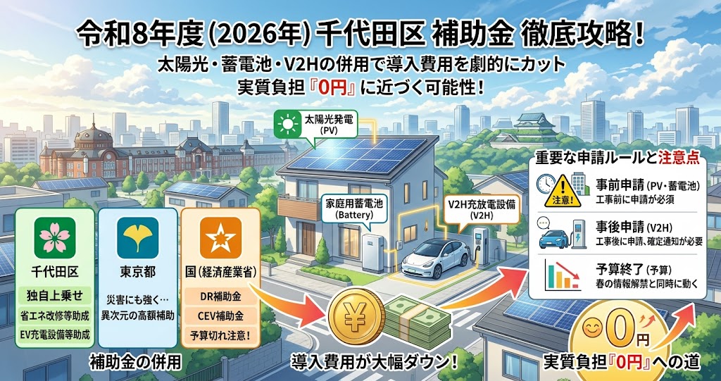 新海誠風のアニメーション映画スタイルで描かれた、令和8年度(2026年度)千代田区の太陽光発電、家庭用蓄電池、V2H充放電設備の補助金に関するインフォグラフィック。千代田区、東京都、国の3つの補助金を併用することで導入費用を劇的に抑え、実質負担を「0円」に近づける仕組みを解説しています。中央には太陽光パネル、家庭用蓄電池、電気自動車(EV)とV2Hスタンドを統合した現代的な住宅が描かれ、それぞれの機器がラベル付けされています。左側には「千代田区」「東京都」「国(経済産業省)」それぞれの補助金制度を示す列があり、それらが組み合わさって「導入費用が大幅ダウン!」する流れを可視化しています。右側には「重要な申請ルールと注意点」として、「注意!」「事前申請(PV・蓄電池)」「事後申請(V2H)」「予算終了(予算)」の各項目がアイコンと日本語テキストで詳細に説明されています。下部には、実質負担が「0円」に近づく目標を示す幸せそうなゼロが描かれています。