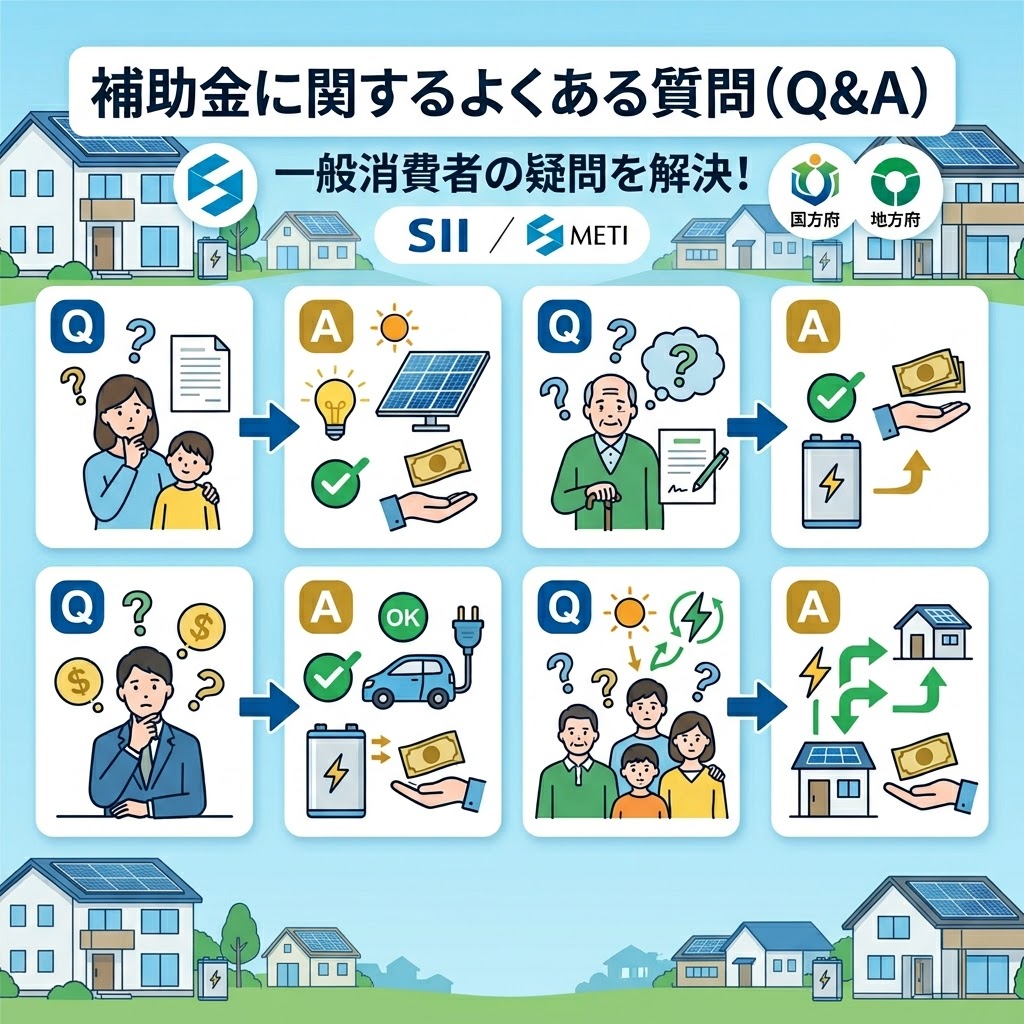 「補助金に関するよくある質問(Q&A) 一般消費者の疑問を解決!」というタイトルで、国(SII、METI、地方政府)の補助金を利用してクリーンエネルギー設備を導入するプロセスを解説する正方形インフォグラフィック。太陽光パネルと蓄電池を備えたモダンなエコ住宅の街並みを背景に、4つのQ&Aパネルが描かれている。左上:太陽光パネル導入で還元を受ける親子。右上:蓄電池導入で還元を受ける老人。左下:EVとV2H導入で還元を受けるビジネスマン。右下:エネルギーフローを活用し住宅で還元を受ける家族。具体的な質問テキストはなく、アイコンとイラストで補助金活用によるおトクなイメージを伝えている。