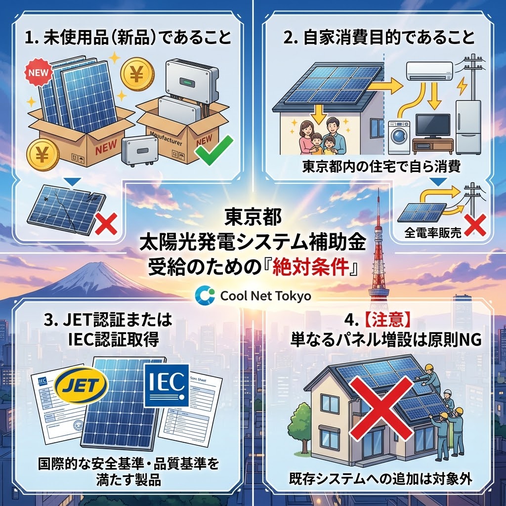 東京都クール・ネット東京の太陽光発電システム補助金（災害にも強く健康にも資する断熱・太陽光住宅普及拡大事業）を受給するための4つの『絶対条件』を解説するアニメ映画風インフォグラフィック。中央にタイトルとロゴ。4つのパネルで構成。1. 未使用品（新品）であること（新品パネル、メーカー箱、中古品Xマーク）。2. 自家消費目的であること（東京都内の住宅、家庭内電化製品への電力供給、全量売電Xマーク）。3. JET認証またはIEC認証取得（認証ロゴ、スペックシート、国際基準）。4. 【注意】単なるパネル増設は原則NG（既存システムへの追加工事Xマーク）。背景に東京タワー、富士山、夕焼けの街並み。