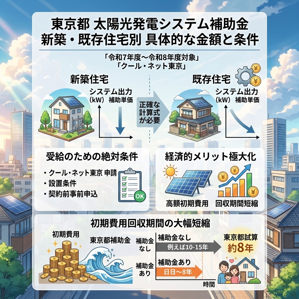 東京都クール・ネット東京の太陽光発電システム補助金に関するインフォグラフィック。新築住宅と既存住宅の補助単価の違い、受給条件（契約前事前申込など）、経済的メリット（高額初期費用回収期間短縮）、補助金なし（10-15年）と補助金あり（東京都試算 約8年）の回収期間タイムライン比較が示されている。アニメ映画風のスタイル。