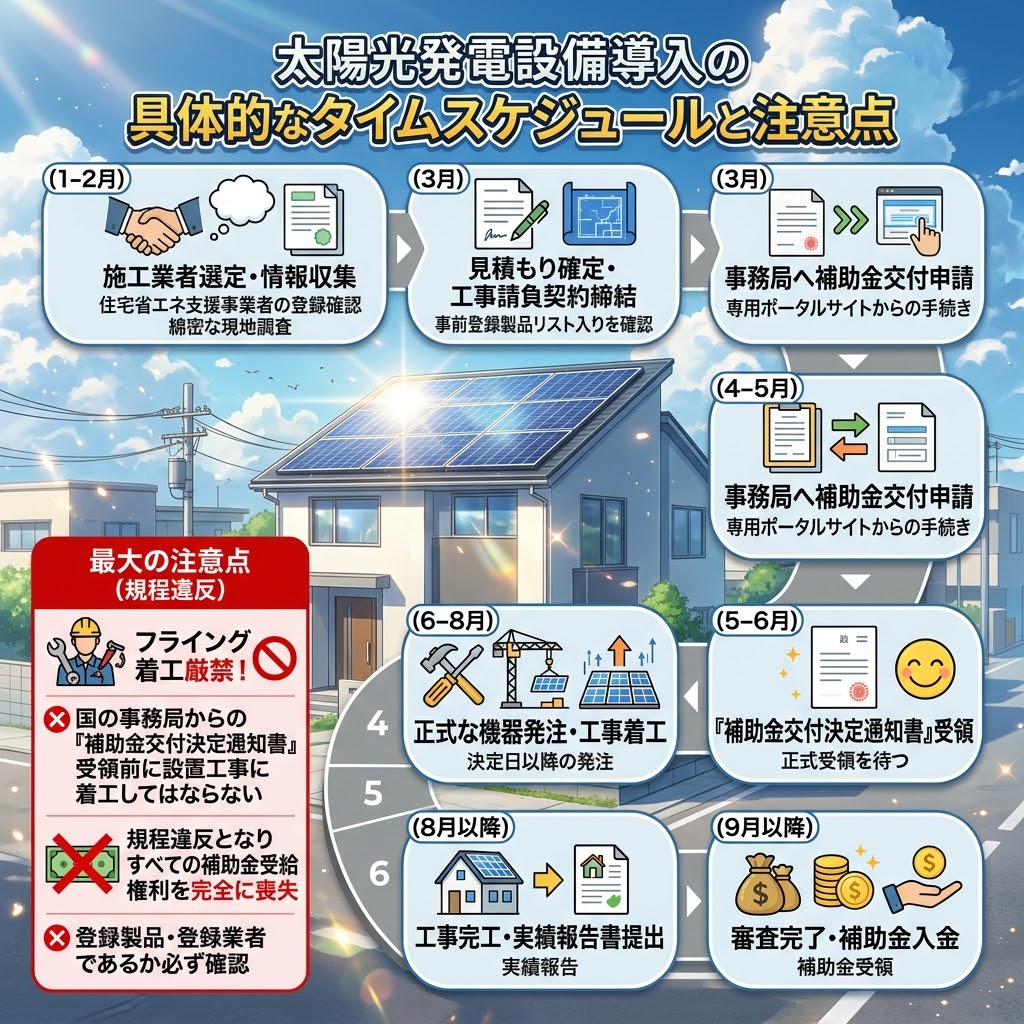 令和8年度(2026年)日本の家庭用太陽光発電設備導入の具体的なタイムスケジュールと補助金申請の注意点を解説するアニメ風インフォグラフィック。1-2月の施工業者選定・現地調査から、3月の契約・申請、5-6月の「補助金交付決定通知書」受領、6-8月の機器発注・工事着工、8月以降の完工・報告、9月以降の入金までの流れを図解。「最大の注意点」として、国の事務局からの「補助金交付決定通知書」受領前の設置工事着工(フライング着工)による補助金受給権利の完全な喪失、登録製品・業者の確認などを警告している。背景には太陽光パネル付きの家と美しい空が描かれている。