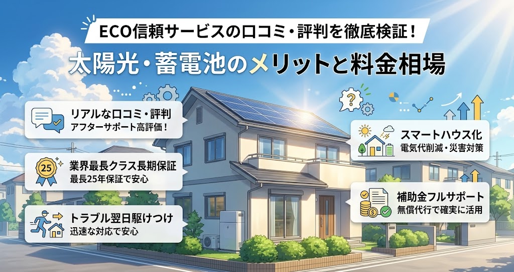アニメーション映画風の住宅を背景にした、ECO信頼サービスの太陽光・蓄電池の口コミ、評判、メリット、料金相場をまとめたインフォグラフィック画像。メインタイトルと、リアルな口コミ、最長25年保証、トラブル対応、スマートハウス化、補助金サポートの5つの強みがアイコン付きで説明されている。