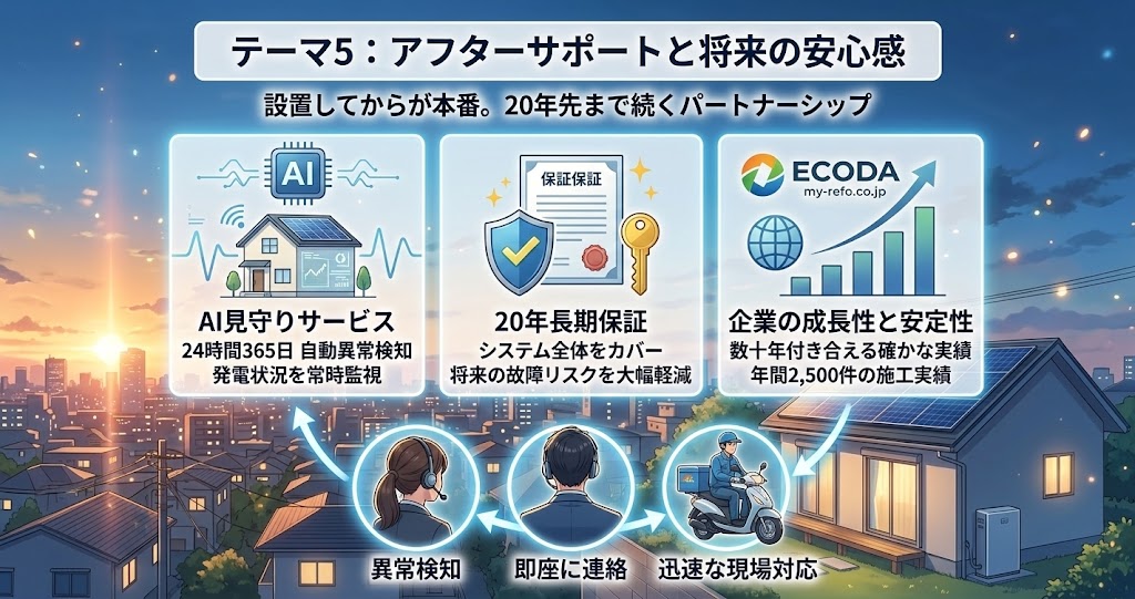 太陽光発電と蓄電池導入後の ECODA（エコダ）のアフターサポート体制と長期保証を解説するアニメ風インフォグラフィック。「20年長期保証」「AI見守りサービス」「企業の成長性と安定性（年間2,500件の施工実績）」の3要素と、異常検知から即座の連絡、迅速な現場対応までのフローを、夕景の住宅街を背景に描画。20年先まで続くパートナーシップを訴求。