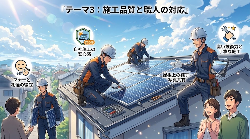 住宅の屋根で太陽光パネルの設置工事を行う4人の作業員と、それを笑顔で見守るカップルを描いたアニメ風インフォグラフィック。ブログ記事の「テーマ3：施工品質と職人の対応」に対応し、「マナーと礼儀の徹底」「自社施工の安心感」「高い技術力と丁寧な施工」といった職人の対応の良さを伝えるテキスト吹き出しが含まれている。中央の屋根上には「屋根上の様子：写真共有」というテキストも配置されている。