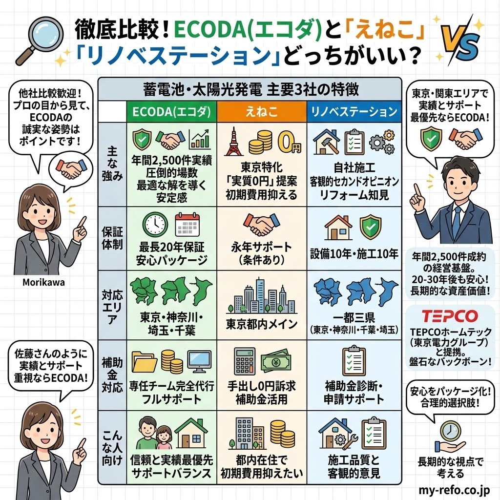 太陽光発電・蓄電池業者3社（ECODA、えねこ、リノベステーション）の徹底比較表。主な強み、保証体制（最長20年保証など）、対応エリア（東京・神奈川・埼玉・千葉、一都三県など）、補助金対応、ターゲット層（信頼重視、初期費用重視、リフォーム知見重視）を比較しています。東京・関東エリアで実績とサポートを重視する人にはECODAがおすすめであることを強調するインフォグラフィックです。