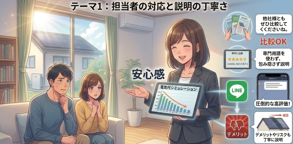太陽光パネルと蓄電池サービス「ECODA」の口コミ分析記事より「担当者の対応と説明の丁寧さ」を解説する高品質なアニメ風インフォグラフィック。ソファに座る若いカップルが、窓の外の太陽光パネルのある住宅を背景に思案している。ビジネススーツの女性担当者が、電気代が下がる「電気代シミュレーション」が表示されたタブレットを提示し、笑顔で「安心感」を伝えている。右側には、他社比較OK、専門用語を使わない説明、LINEでの圧倒的高評価、デメリットやリスクの丁寧な説明といった、顧客の満足度につながる特徴がアイコンでまとめられている。