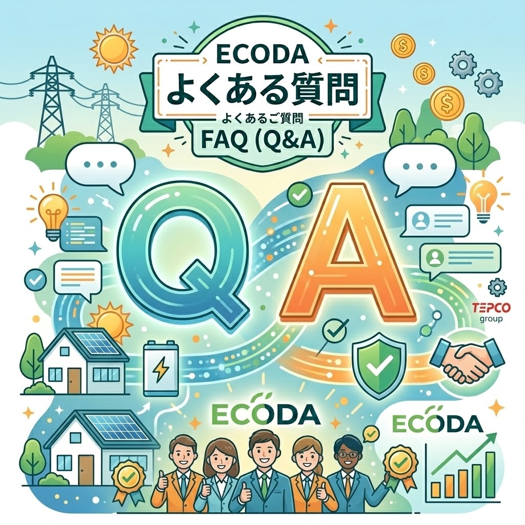 ECODA（エコダ）の太陽光発電・蓄電池サービスに関する「よくあるご質問（FAQ）」ページのインフォグラフィック。大きなQとAの文字、太陽光パネル、家、蓄電池、電球、吹き出し、握手、グラフ、メダル、TEPCO groupロゴ、ECODAスタッフのイラストが描かれ、再生可能エネルギーと省エネへの取り組みを表現している。