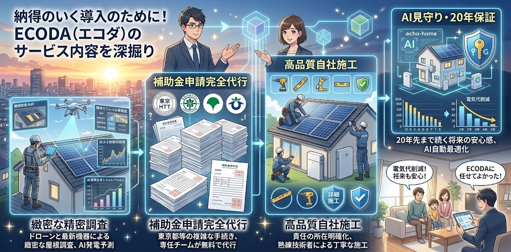 株式会社ECODA（エコダ）の太陽光発電・蓄電池導入サービスフローを深掘り解説する、アニメーション映画風のインフォグラフィック。ドローンによる緻密な精密調査、専任チームによる無料の補助金申請完全代行、自社熟練技術者による高品質自社施工、AI見守りと20年保証の4つのステップを紹介。電気代削減と将来の安心に喜ぶ笑顔の家族と、ECODAに任せてよかったという吹き出しが描かれている。