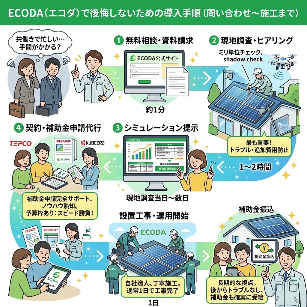ECODA（エコダ）の太陽光発電・蓄電池導入手順（問い合わせ〜施工まで）を解説するインフォグラフィック。①無料相談・資料請求（公式サイトから約1分）、②ドローン等による精密現地調査・ヒアリング（ミリ単位チェック、1〜2時間、トラブル防止に最重要）、③シミュレーション提示（発電量・削減額、当日〜数日）、④契約・補助金申請代行（TEPCO・SHARP・KYOCERAロゴあり、完全サポート）、⑤自社職人による設置工事（通常1日完了）の5つのステップを、所要時間や注意点とともに説明。共働きの忙しい夫婦でも手間なく導入でき、長期的な視点でのトラブル防止と補助金確実受給のメリットを紹介している。