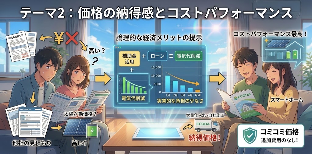 太陽光発電と蓄電池サービス「ECODA（エコダ）」の口コミ分析記事より、テーマ2「価格の納得感とコストパフォーマンス」を解説する高品質な日本のアニメ風インフォグラフィック。左側に他社の高額な見積もりに不安を感じるカップル（佐藤と森川に似ている）、中央に「補助金活用 + ローン = 電気代削減」をシミュレーションするホログラムとECODAのコスト削減理由（大量仕入れ・自社施工）、右側にECODAの提案に満足して笑顔になったカップルと「コミコミ価格 追加費用なし！」のバッジが描かれている。