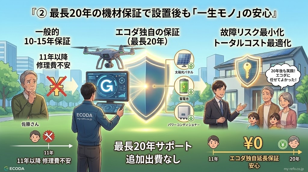 株式会社ECODA（エコダ）の評判と信頼を解説するインフォグラフィック。『最長20年の機材保証で設置後も「一生モノ」の安心』をテーマに、他社保証の不安とエコダ独自延長保証（最長20年）でのメリットを比較。他社（一般的 10-15年保証）では11年目以降の修理費を心配する佐藤さんの様子を描写。一方、エコダ（エコダ独自延長保証 安心）ではドローン、シールド、チェック済みの機器（太陽光パネル、蓄電池、パワーコンディショナー）を使い、11年から20年の間に追加修理費が¥0で済むことを笑顔の家族と共に説明。下部には『最長20年サポート 追加出費なし』のテキスト。