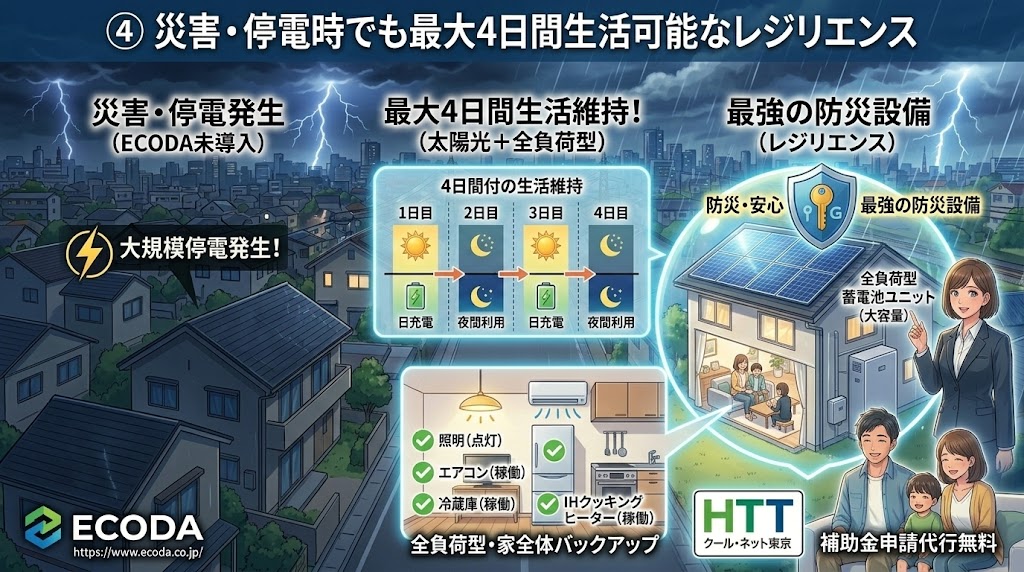 「災害・停電時でも最大4日間生活可能なレジリエンス」を解説するインフォグラフィック。ECODA未導入の大規模停電の街（左）と、太陽光発電と全負荷型蓄電池を設置したECODAのエコホーム（右）を比較。全負荷型システムによる家全体バックアップで、照明、エアコン、冷蔵庫、IHクッキングヒーターが使える最強の防災設備をアピール。4日間の生活維持スケジュールも掲載。笑顔の家族とECODAスタッフ、HTTクール・ネット東京のロゴ、補助金申請代行無料のテキストも配置。