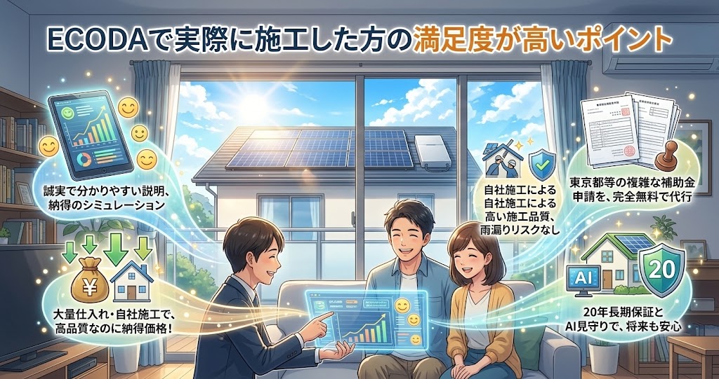 ECODAで実際に施工した方の満足度が高いポイントを解説するイラスト。誠実な説明、無料の補助金申請代行、高品質な自社施工、納得価格、20年保証とAI見守りなど、ECODAの強みを一目でわかるようにまとめている。家族とECODAの担当者が対話し、背景の窓には太陽光パネル付きの住宅が見える。