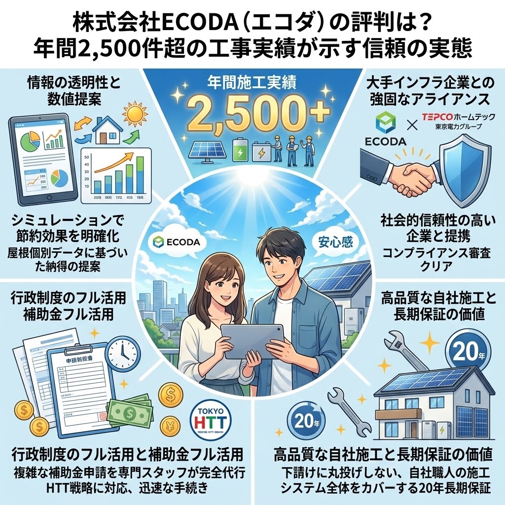 太陽光パネルと蓄電池の設置工事で年間2,500件超の実績を持つ株式会社ECODA（エコダ）の評判と信頼の理由を解説するインフォグラフィック。情報の透明性（シミュレーション）、補助金申請代行（東京HTT対応）、大手インフラ企業（TEPCOホームテック）との提携、自社職人による施工と20年長期保証の4つの強みがまとめられており、笑顔のカップルが安心感を表現している。