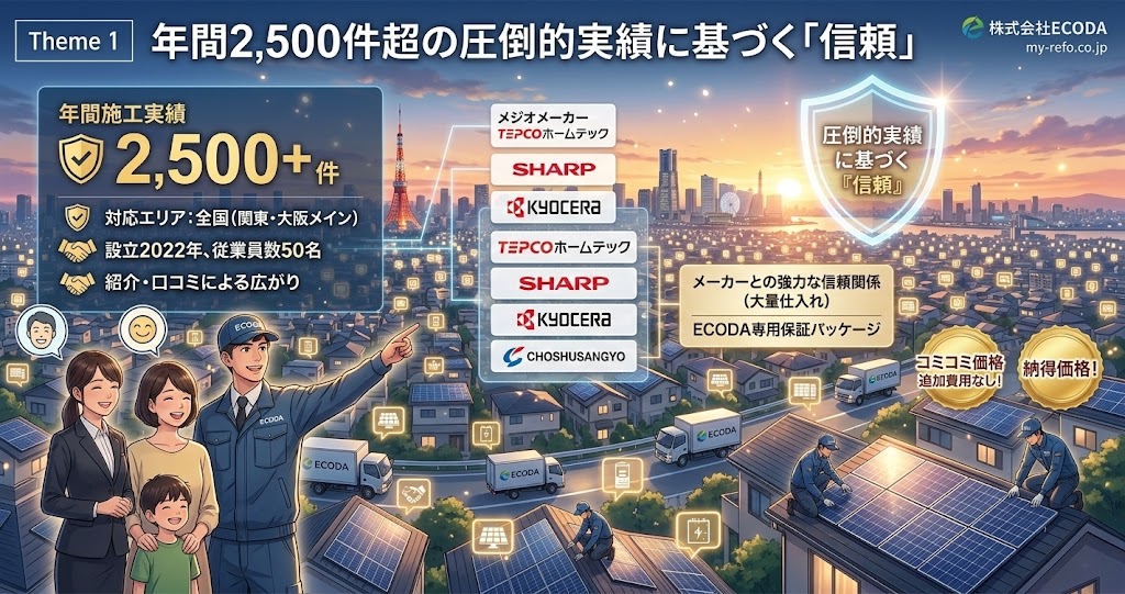 「年間2,500件超の実績」を強調するECODA（エコダ）の太陽光発電サービス紹介インフォグラフィック。笑顔のスタッフと家族が描かれ、全国対応、大手メーカー（TEPCO・SHARP・KYOCERA・CHOSHUSANGYO）との信頼関係、ECODA専用保証パッケージ、追加費用なしの納得価格、設置工事の様子などが詳しくまとめられている。背景には都市と東京タワー。