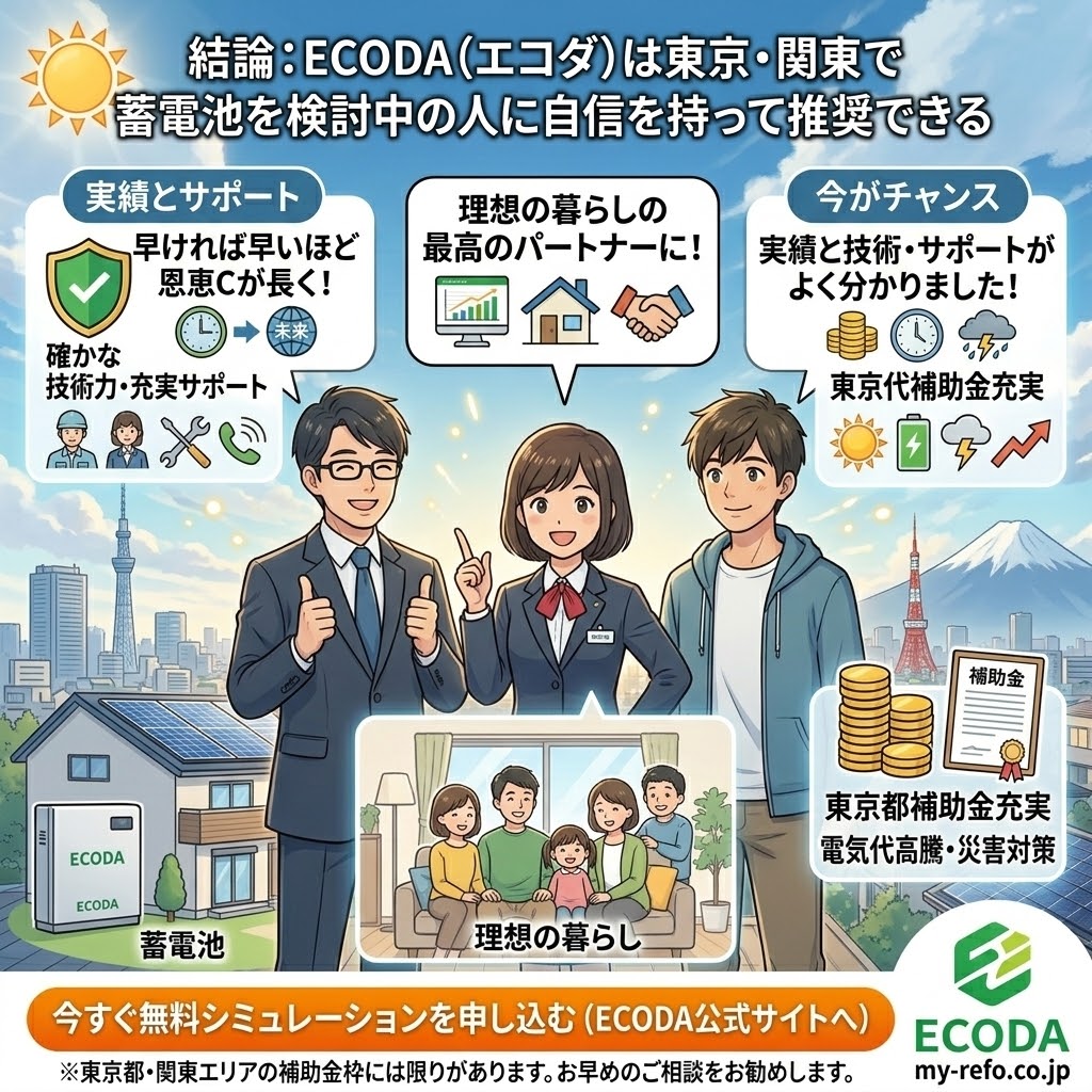 「結論：ECODA（エコダ）は東京・関東で蓄電池を検討中の人に自信を持って推奨できる」と題したインフォグラフィック。佐藤夫婦とエコダ担当者が、「実績とサポート（確実な技術力・充実サポート）」、「理想の暮らしの最高のパートナー」、「今がチャンス（東京都補助金充実、電気代高騰・災害対策）」について解説。下部には蓄電池導入後の家族の団らんを描いた「理想の暮らし」と、ECODAロゴ（my-refo.co.jp）、そして「今すぐ無料シミュレーションを申し込む（ECODA公式サイトへ）」のボタンが配置されている。