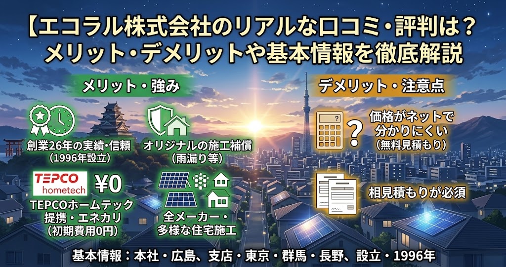 【エコラル株式会社のリアルな口コミ・評判は?メリット・デメリットや基本情報を徹底解説。メリット・強みとして、創業26年の実績・信頼 (1996年設立)、オリジナルの施工補償 (雨漏り等)、TEPCOホームテック提携・エネカリ (初期費用0円)、全メーカー・多様な住宅施工。デメリット・注意点として、価格がネットで分かりにくい (無料見積もり)、相見積もりが必須。基本情報として、本社・広島、支店・東京・群馬・長野、設立・1996年。