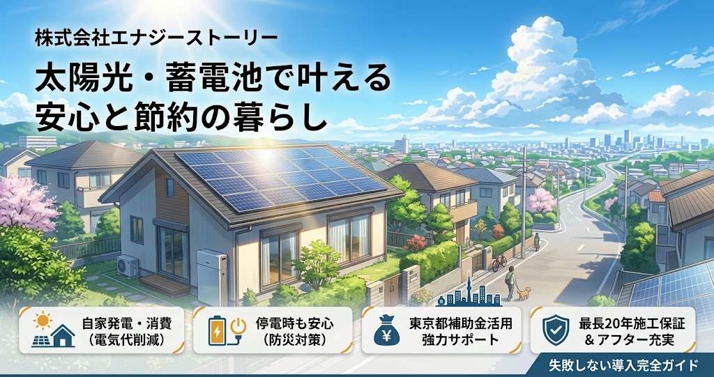 東京都の補助金を活用し、太陽光発電と蓄電池で実現する安心と節約の暮らし。株式会社エナジーストーリーによる最大20年の施工保証と充実のアフターサービス、自家発電・消費、停電時の防災対策を解説する、失敗しない導入完全ガイドのアイキャッチ画像。
