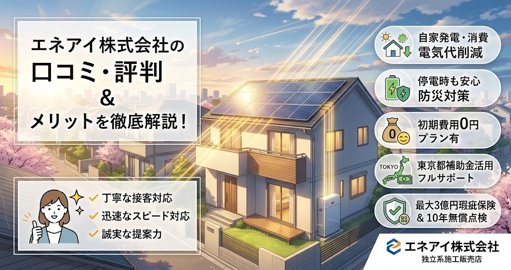 エネアイ株式会社の太陽光発電と蓄電池導入に関する口コミ・評判とメリットを解説するインフォグラフィック調のアイキャッチ画像。中央に太陽光パネル付きの家と蓄電池、周囲に『丁寧な接客』『迅速な対応』『誠実な提案』の口コミ評価アイコンと、『電気代削減』『防災対策』『初期費用0円プラン』『東京都補助金サポート』『最大3億円保険と10年点検』の導入メリットを記したアイコンを配置。右下に『エネアイ株式会社』のロゴ。