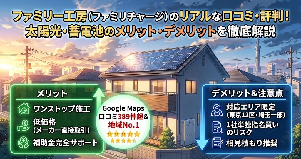 Makoto Shinkai風アニメのアイキャッチ画像。太陽光パネルと蓄電池が設置された住宅のイラスト。タイトルは「株式会社ファミリー工房 (ファミリチャージ) のリアルな口コミ・評判！太陽光・蓄電池のメリット・デメリットを徹底解説」。メリット（緑枠）として「電気代削減」「災害時の安心」「リフォームとワンストップ施工」「補助金申請サポート」。デメリット（赤枠）として「初期費用」「対応エリア限定」「相場把握の手間」「設置場所の確保」がインフォグラフィックスで記述されている。