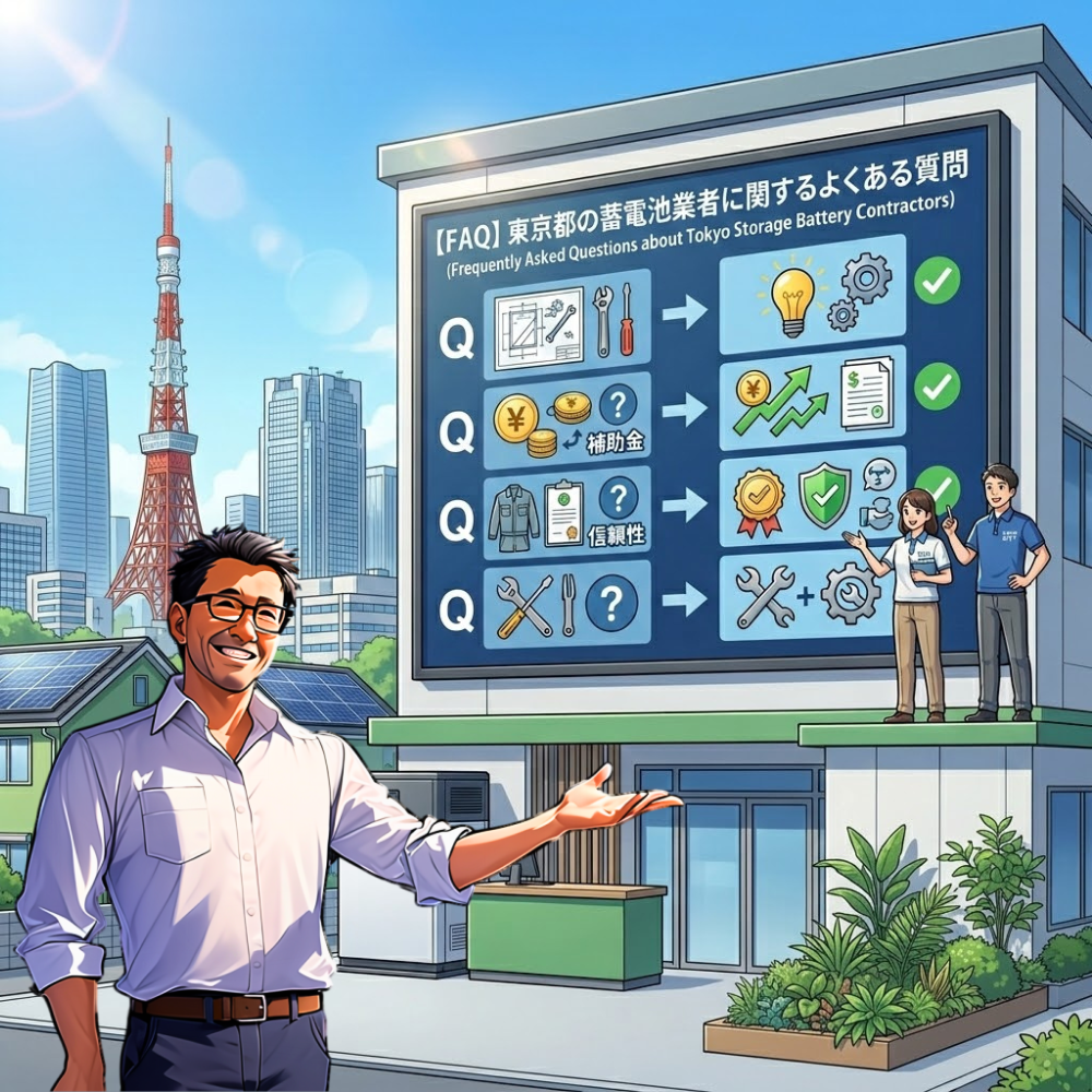 東京タワーと高層ビル群を背景にした、東京の蓄電池業者オフィスのインフォグラフィック。大きなデジタルサイネージには『【FAQ】東京都の蓄電池業者に関するよくある質問』と英語タイトル、そしてQ&A形式のアイコンが描かれている。2人の制服を着た従業員がサイネージの横に立っており、技術、補助金、信頼性、保守に関するFAQを説明している。前景にはソーラーパネル付きの住宅が見える。