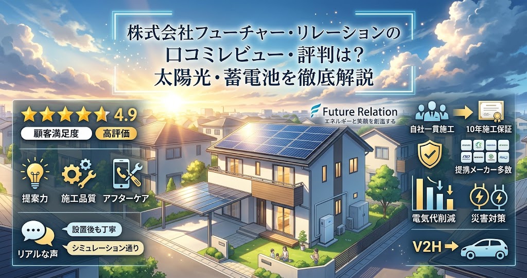 株式会社フューチャー・リレーションの太陽光発電・蓄電池導入に関する口コミレビューと評判を解説するブログ記事のアイキャッチ画像。太陽光パネル、蓄電池、V2Hを備えた住宅と、顧客満足度4.9、自社一貫施工、10年保証、電気代削減などのメリットをまとめた新海誠風アニメーションのインフォグラフィック。