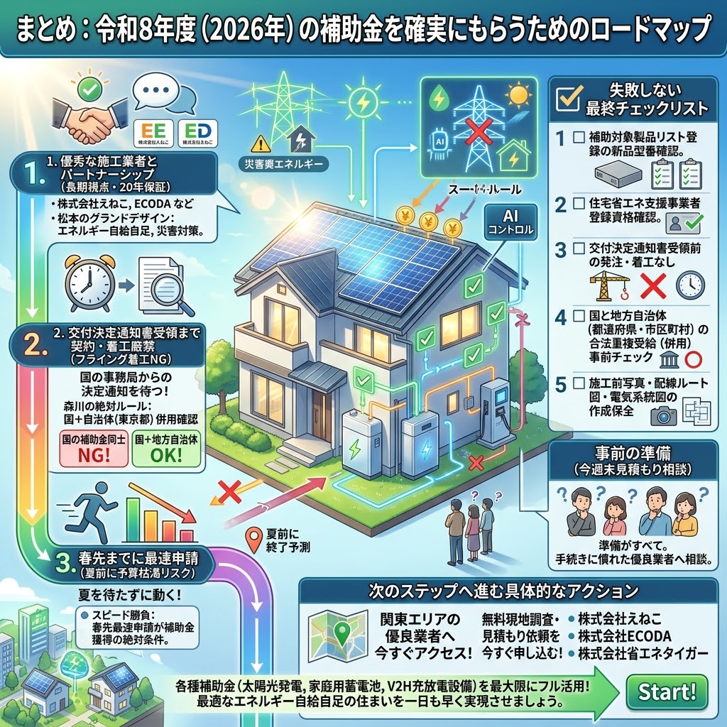 令和8年度(2026年)の日本の家庭用補助金を確実に受給するための包括的なロードマップを図解した正方形インフォグラフィック。タイトルは「まとめ:令和8年度(2026年)の補助金を確実にもらうためのロードマップ」。中央には、太陽光パネル、蓄電池、V2H、AIスマート制御を備えたエコハウスが描かれ、災害時のエネルギー自給自足も示唆されている。左側には3つのステップのロードマップがある。1. 優秀な施工業者とパートナーシップ(長期視点・20年保証、AIコントロール)、2. 交付決定通知書受領まで契約・着工厳禁(フライング着工NG。国と自治体併用確認。国の補助金同士はNG、国と地方自治体はOK)、3. 春先までに最速申請(夏前に予算枯渇リスク。スピード勝負)。右側には『失敗しない最終チェックリスト』があり、1. 製品型番確認、2. 業者資格確認、3. 着工前申請徹底、4. 国と地方自治体の合法併用事前チェック、5. 技術的証拠書類作成保全(施工前写真など)を記述。さらに『事前の準備』と『次のステップへ進む具体的なアクション』として、関東エリアの優良業者への無料現地調査・見積もり依頼を促し、太陽光発電、蓄電池、V2H補助金を最大限フル活用して一日も早いエネルギー自給自足の住まい実現を呼びかけている。