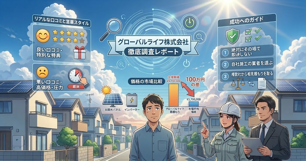 グローバルライフ株式会社の徹底調査レポート。太陽光発電や家庭用蓄電池に関するリアルな口コミ（良い・悪い）、価格の市場比較（グローバルライフの見積もりと市場平均の100万円の差）、そして業者選びの成功ガイド（即決しない、自社施工、相見積もり）をインフォグラフィックで解説。背景にはソーラーパネル付きの住宅街が描かれている。