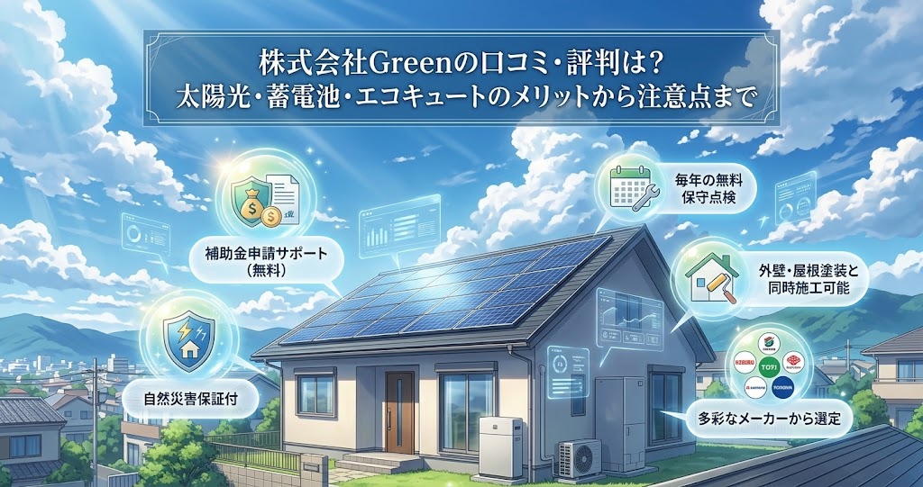 Makoto Shinkaiスタイルのアニメ風インフォグラフィック。青空の下、太陽光パネル、蓄電池、エコキュートが設置された一軒家。上部に「株式会社Greenの口コミ・評判は？太陽光・蓄電池・エコキュートのメリットから注意点まで」というテキスト。吹き出しで「補助金申請サポート（無料）」「自然災害保証付」「毎年の無料保守点検」「外壁・屋根塗装と同時施工可能」「多彩なメーカーから選定」と説明。様々なメーカーのロゴが描かれている。
