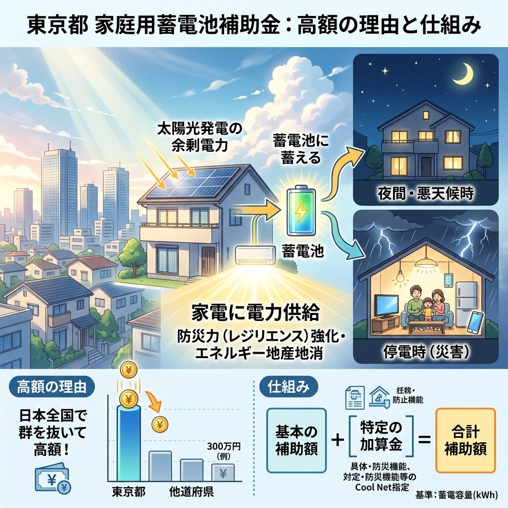 東京都の家庭用蓄電池補助金について、その高額な理由と計算の仕組みを解説するアニメ映画風インフォグラフィック。上部では、太陽光発電の余剰電力を蓄電池に蓄え、夜間、悪天候、災害時の停電に家電（テレビ、冷蔵庫、スマホ、照明）へ安定供給する様子（防災力強化・エネルギー地産地消）が描かれている。下部では、『高額の理由』として日本全国で群を抜いて高額であることを示す棒グラフ（東京都vs他都道府県、300万円例）と、『仕組み』として基本の補助額に特定の加算金（防災機能など、クール・ネット東京指定）が上乗せされ、合計補助額が蓄電容量(kWh)を基準に決まることが示されている。