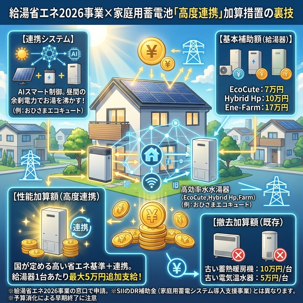 ハイクオリティな日本のアニメ映画風スタイルで描かれた、令和8年度(2026年)の「給湯省エネ2026事業×家庭用蓄電池『高度連携』加算措置の裏技」を解説する正方形インフォグラフィック。太陽光パネルと蓄電池、高効率給湯器を設置したエコハウスを中心に、AIとスマート制御による高度な連携システム(スマートホーム)が電力とデータの流れで図解されている。画面上部にはタイトル。左上のパネル【連携システム】では、太陽光の昼間余剰電力でお湯を沸かす(例:おひさまエコキュート)AI制御システムを説明。右上のパネル【基本補助額(給湯器)】では、エコキュート(7万円)、ハイブリッド給湯機(10万円)、エネファーム(17万円)の各金額。左下のパネル【性能加算額(高度連携)】では、国の高い省エネ基準を満たし、蓄電池と連携することで給湯器1台あたり最大5万円の性能加算が追加され、合計最大12万円の補助額となる裏技。右下のパネル【撤去加算額(既存)】では、古い蓄熱暖房機(1台10万円)、古い電気温水器(1台5万円)の撤去による上乗せ。下部には「※給湯省エネ2026事業の窓口で申請。※SIIのDR補助金(家庭用蓄電システム導入支援事業)とは異なります。」「※予算消化による早期終了に注意」の注記。全体は鮮やかな色彩と光に満ちたモダンなアニメスタイルで統一されている。